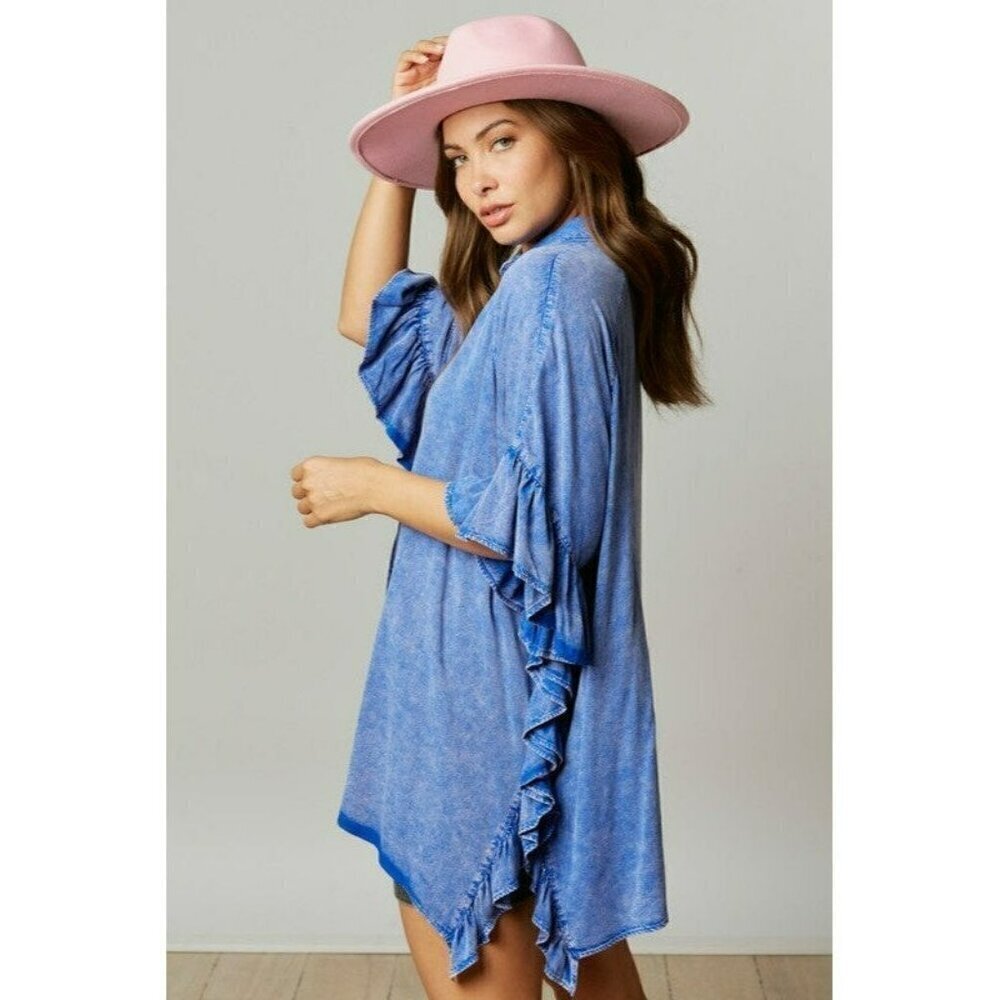 Time Flies Acid Washed Ruffled Shirt in Royal Blue - Picture 6 of 8